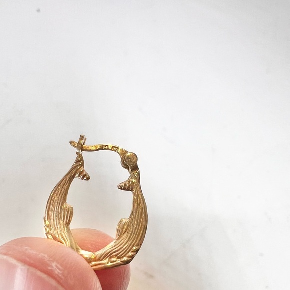 14K Pure Gold Double Dolphin Shaped Motif Hoop Earrings - Picture 9 of 11